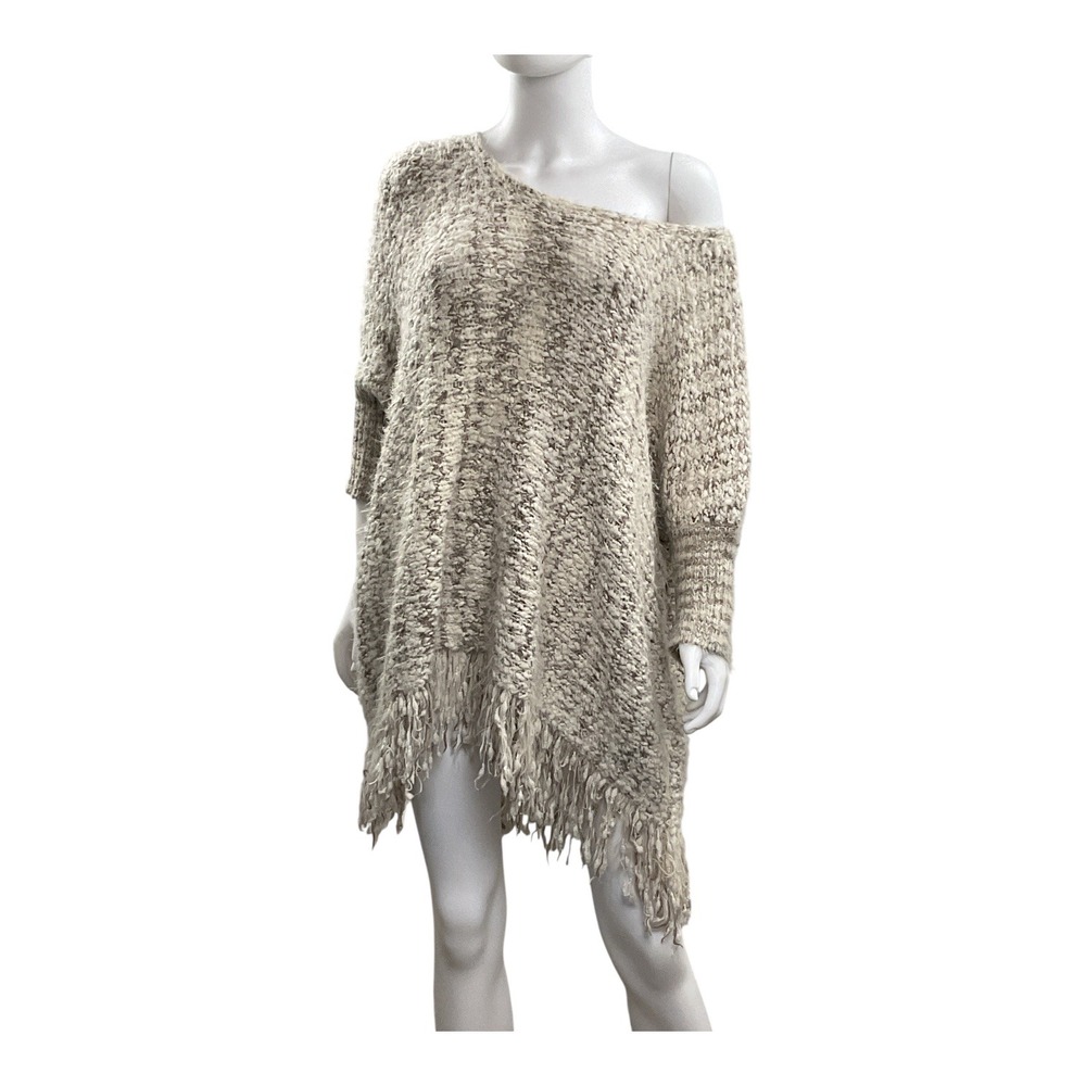 Umgee Fringe Poncho Knit Sweater Tunic Pullover Oversized Neutral Colors - Picture 2 of 12